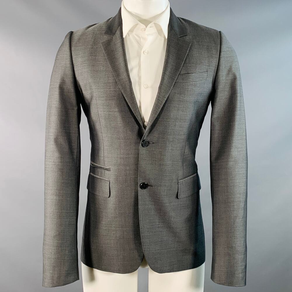 GIVENCHY Size 36 Grey Virgin Wool Silk Herringbone Notch Lapel Sport Coat
